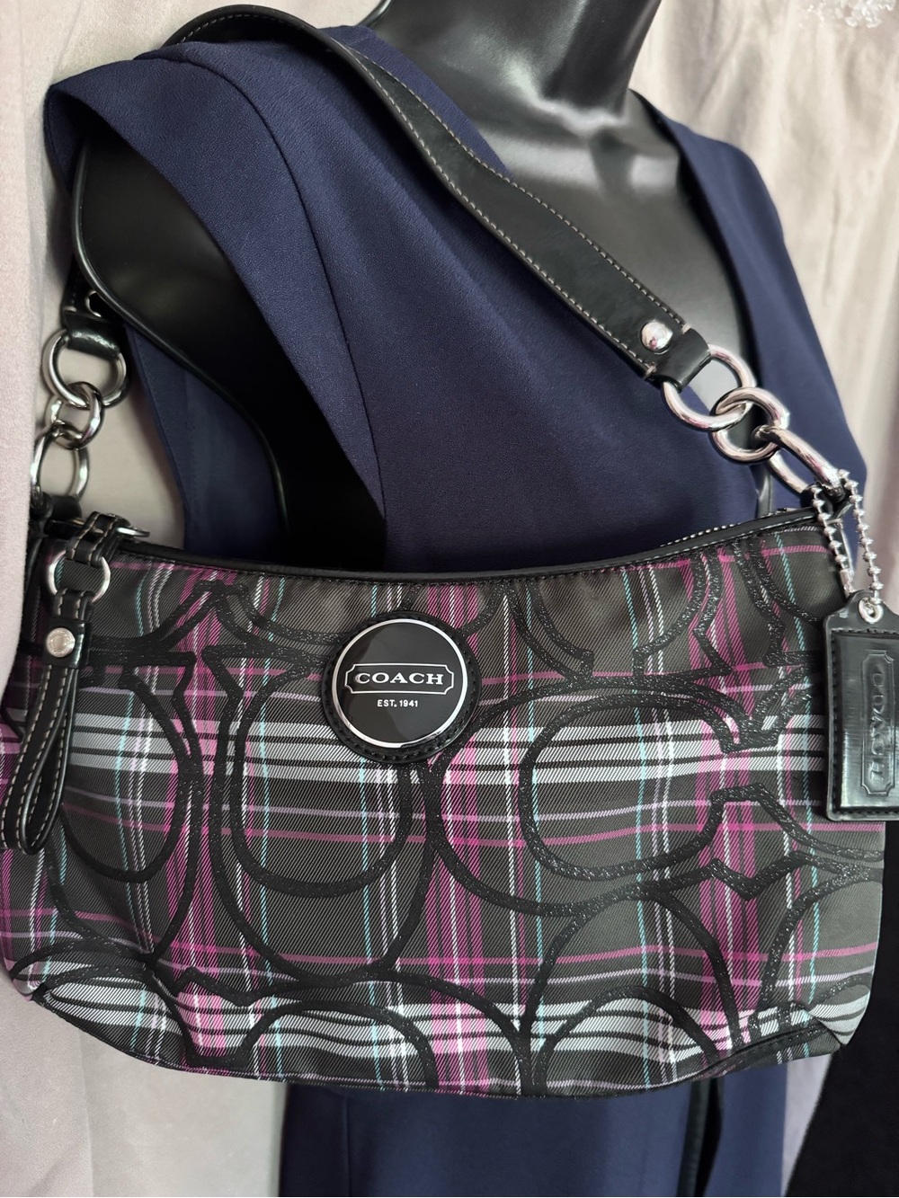Coach Black and Pink Plaid Signature Shoulder Bag - Picture 2 of 14